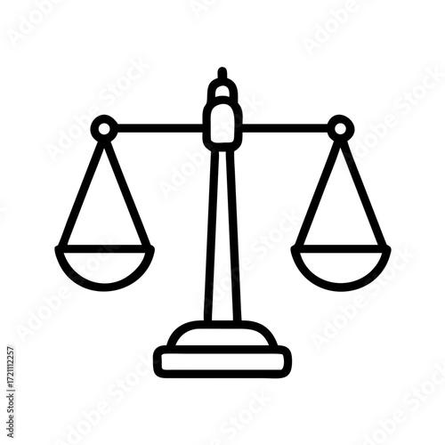 Minimalist black outline vector icon of balance scales, symbolizing court, law, and legal justice. Isolated on a transparent background