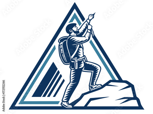 Silhouette of a climber reaching the mountain apex.