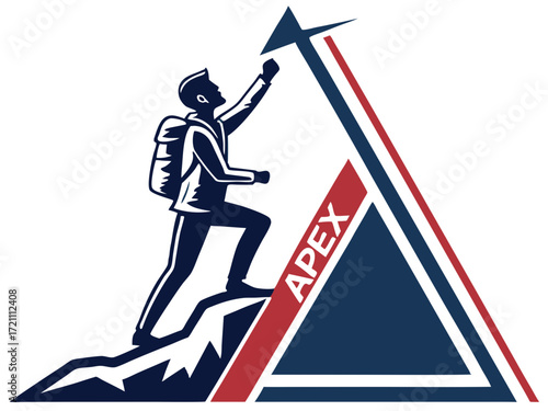 Silhouette of a climber reaching the mountain apex.
