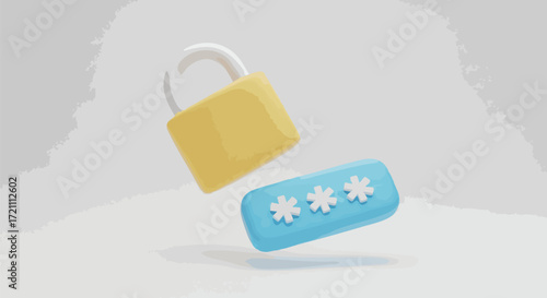 A 3D rendered illustration of a padlock hovering above a password bar.