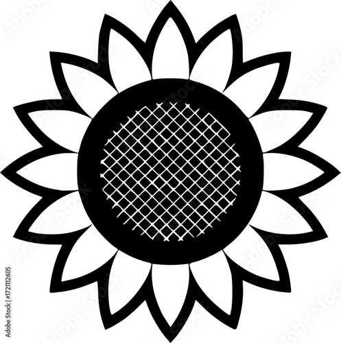 a simple black and white sunflower icon with a circular center and pointed petals, vector illustration