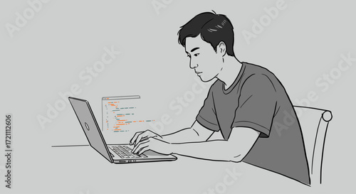 Illustration of a young man intently coding on a laptop at his desk