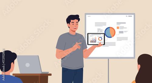 Presentation in Office Man Demonstrating Data Analysis on Tablet
