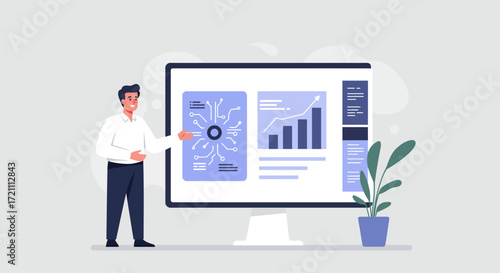 Expert Presenting Complex Data Analysis and AI-driven Insights on a Modern Monitor