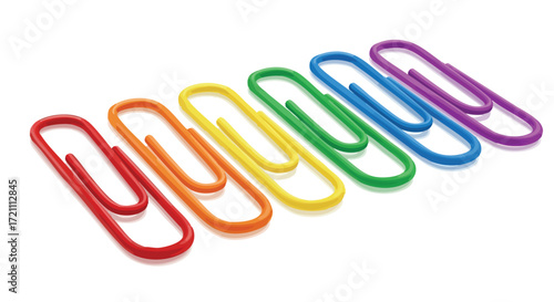 Vivid rainbow-colored paperclips arranged diagonally, showcasing a spectrum of bright hues on a white background.