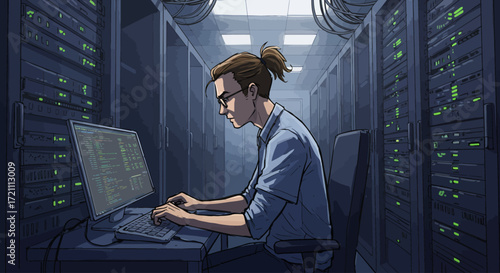 IT professional working on a computer in a server room