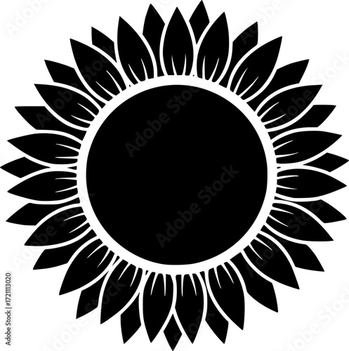 a simple black and white sunflower icon with a circular center and pointed petals, vector illustration