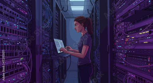 Woman working on a laptop in a server room filled with racks of equipment