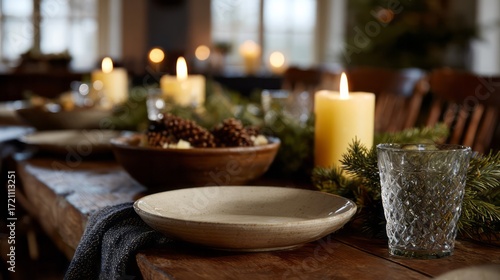 A rustic table adorned with pine garlands and candlelight whispers winter solstice coziness, invoking Yuletide feasts and ancestral gatherings