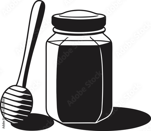 Honey Jar with Wooden Dipper Outline Vector