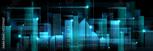 Futuristic tech metropolis with abstract AI city skyline and glowing blue towers for digital visualization. Server lights illuminate geometric buildings on dark background. Cyberpunk concept.