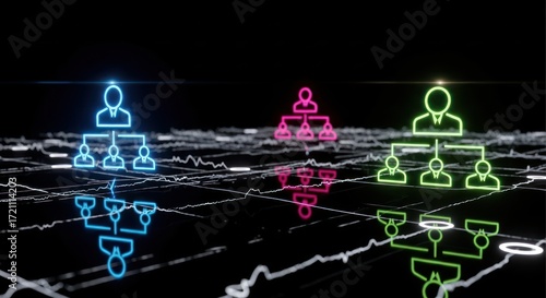 Illustrative organization charts displayed in futuristic glowing neon effect with reflections and