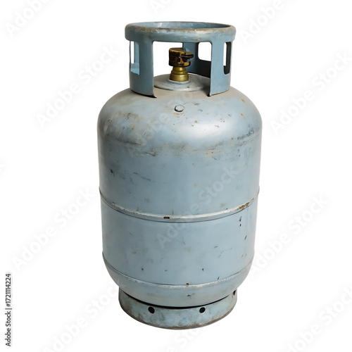 Light blue gas cylinder with brass valve isolated on a transparent background propane tank