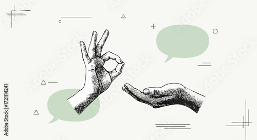 Communicating ideas effectively with clear gestures and speech bubbles, conveying understanding and exchange in a modern, minimalist design.