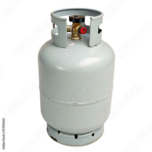 Light gray gas cylinder with brass valve isolated on a transparent background propane tank
