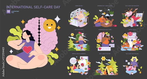 International Self-Care Day Illustrated Activities Set