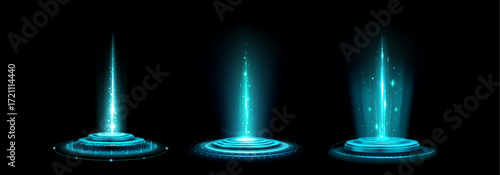 Futuristic AI portal with blue energy beams and circular platforms for sci-fi concepts. Glowing holographic gates with light rays and particles. Digital teleportation or data transfer visualization