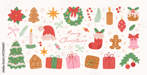 Cute set of Christmas hand drawn elements. Retro holiday Xmas graphic icons. Christmas tree, bow, gift, funny tree toys, Santa hat, wreath, candy, bell, gingerbread, red socks. Vector illustration.