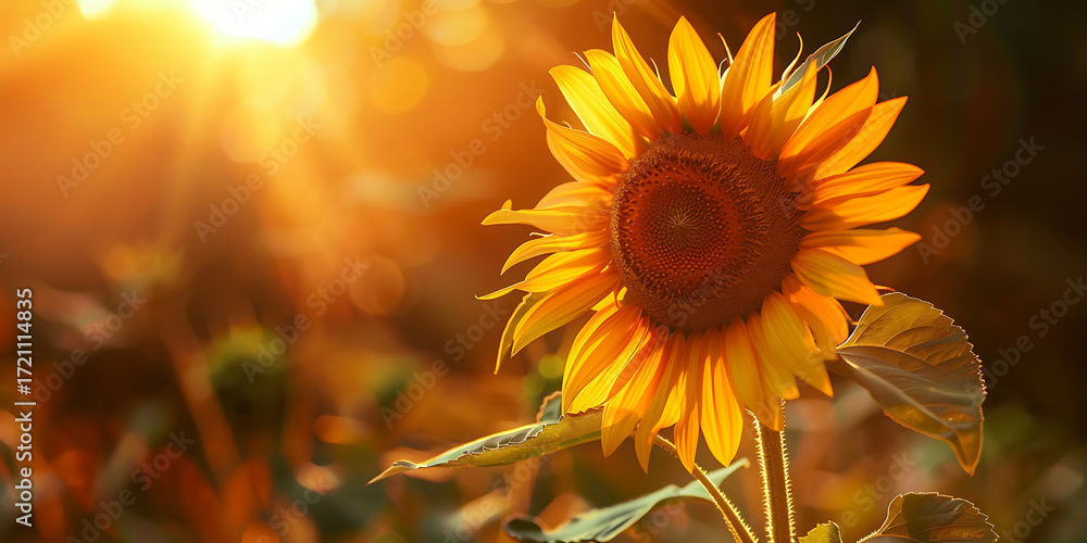 Fototapeta premium Golden sunflower basking in warm sunlight glow