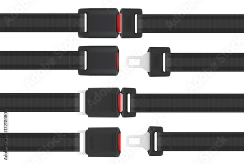 Black seatbelt buckle set with red release button and metal tongue for car safety equipment. Open and closed positions with textured strap. Vehicle restraint system components for automotive use.