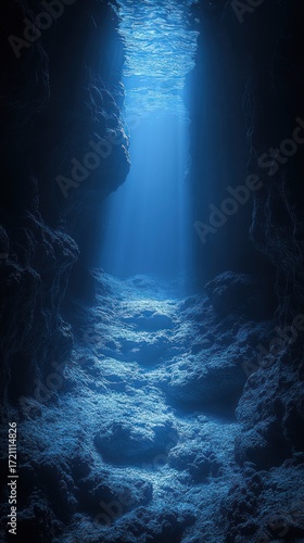 Deep blue ocean with a light coming from the water travel concept vertical background