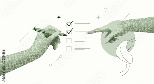 Two hands interacting, one marking a checklist with a pen, another pointing.