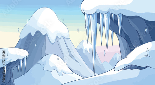 A dramatic winter landscape with snow-covered mountains, large hanging icicles, and a frozen valley under a cold sky.