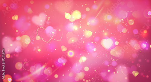 Romantic pink background with floating heart shapes, golden bokeh lights and sparkles for valentine or wedding designs. Dreamy blurred circles, light rays and love symbols for romantic cards.
