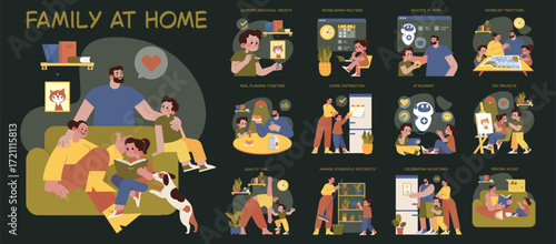 Family at Home Engaging in Everyday Activities Vector