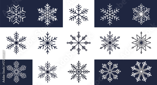 A versatile set of snowflake icons shown in both white on a dark blue background and dark blue on a white background.