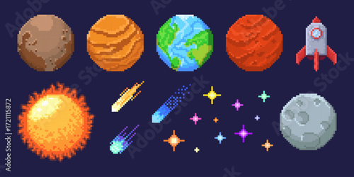 Colorful pixel planet collection with Earth, Mars, sun and moon with rocket ship for retro space game assets. Shooting comets with sparkly stars on dark background. 8 bit astronomy arcade objects.
