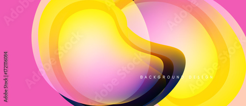 Abstract fluid shapes, vibrant colors blend. Pink background complements yellow, purple gradients. Modern design element.