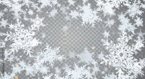 An abstract background with a sparse flurry of different sized white snowflakes falling against a dark, textured gray backdrop.