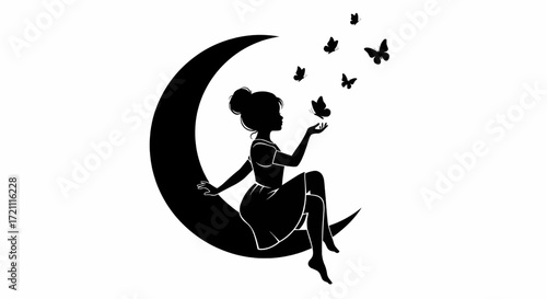 Silhouette of a girl sitting on a crescent moon, with butterflies, a whimsical and enchanting image.