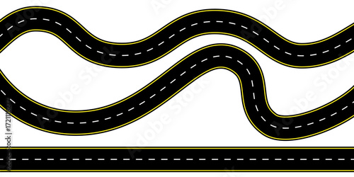 Birds eye top view of a winding highway with dashed center lines and smooth asphalt surface vector illustration suitable for map backgrounds route icons transport journey and empty lane