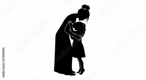 Black silhouette of a mother and child embracing tenderly, showing a loving bond and affection against a white background.