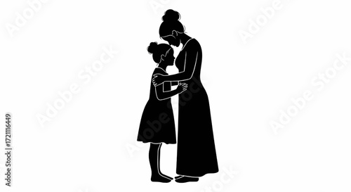 Silhouette of a grandmother and granddaughter embracing, showing a loving moment between generations.