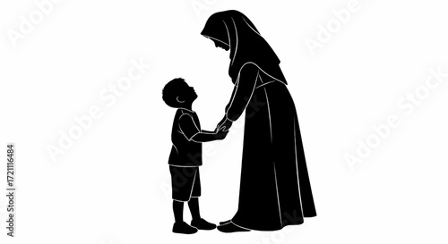 Silhouette of a mother in hijab holding her child's hand.