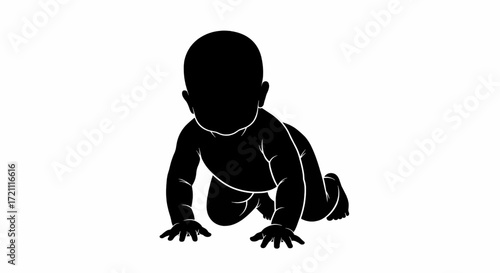Silhouette of a baby crawling on a white background, representing early childhood development and movement.