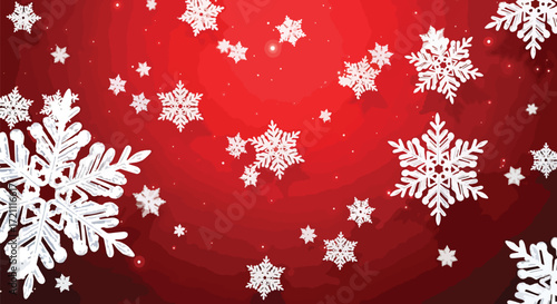 A festive red Christmas background with a flurry of various white snowflakes and sparkling bokeh lights creating a magical holiday feel.