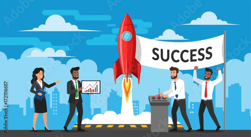 Dynamic business team launching rocket to success in vibrant city setting, showcasing growth, innovation, and achievement for a modern, confident brand