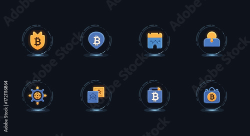 Explore modern cryptocurrency tech with vibrant Bitcoin icons representing security, calendar events, user profiles, and growth potential