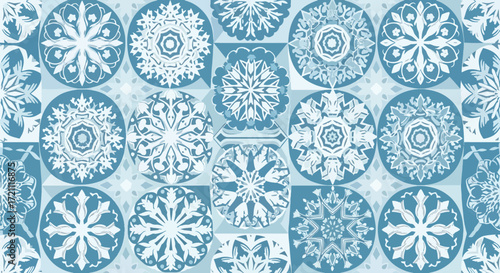 A unique seamless pattern composed of a mosaic of different blue snowflake designs, creating a complex and decorative winter background.