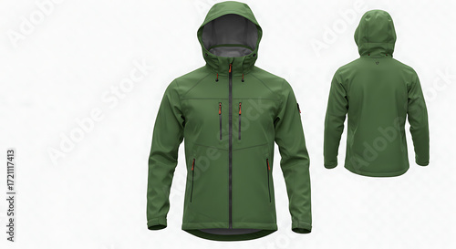 Hiking windproof jacket mockup, hooded, lightweight design, isolated on transparent background