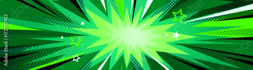 Green anime comic burst background with radial speed lines and halftone dots - dynamic explosion effect with stars for manga or superhero action scenes. Vibrant energy backdrop for pop art designs.