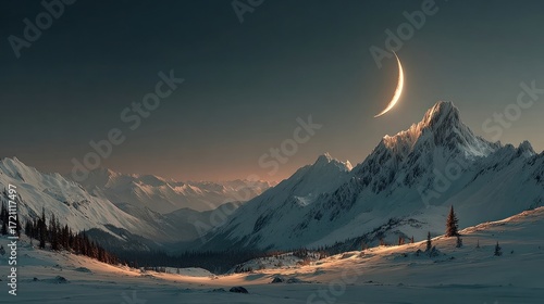 Crescent moon shining over snowy mountain valley at night