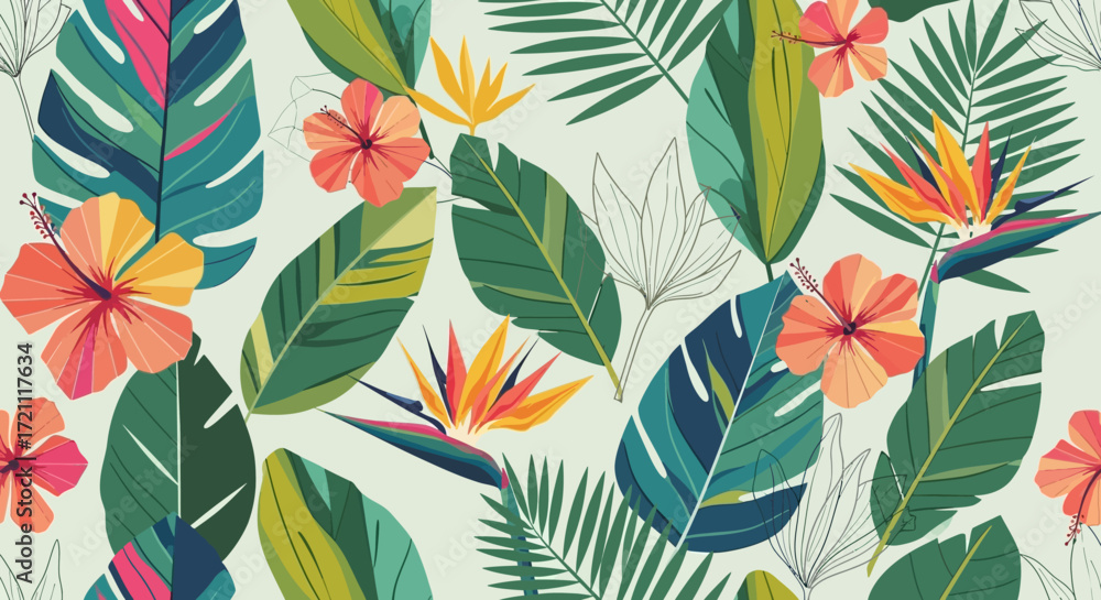 Fototapeta premium Vibrant tropical pattern of hibiscus flowers and palm leaves for a fresh, summery vibe, perfect for fashion textiles, interior design and unique backgrounds