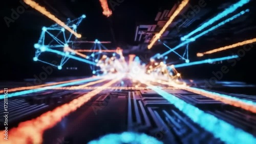Abstract digital network connections glowing with vibrant light trails in a futuristic cyberspace