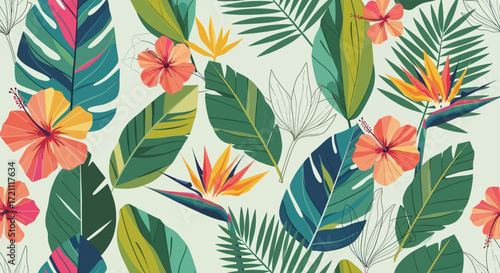 Vibrant tropical pattern of hibiscus flowers and palm leaves for a fresh, summery vibe, perfect for fashion textiles, interior design and unique backgrounds