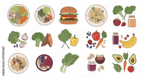 Delicious vegan food illustrations for healthy eating inspiration, featuring colorful fruits, vegetables, bowls, and pasta for mindful nutrition concepts